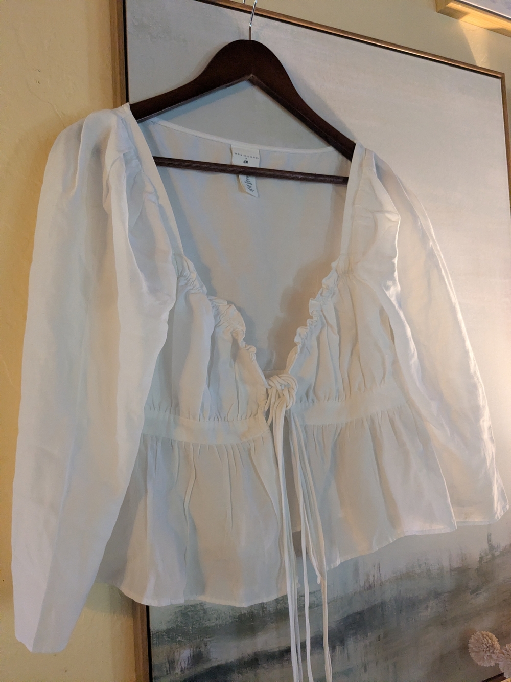 H&M Linen Blend Women's White Tie-Front Peasant Blouse NWOT